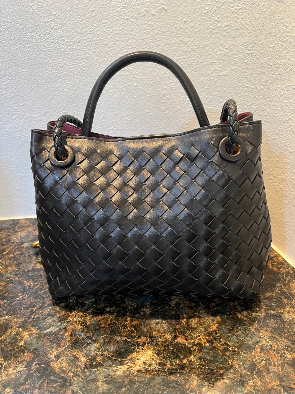 Black Woven Leather Shoulder Tote with Braided Strap and Gold Accent - Picture 3 of 6